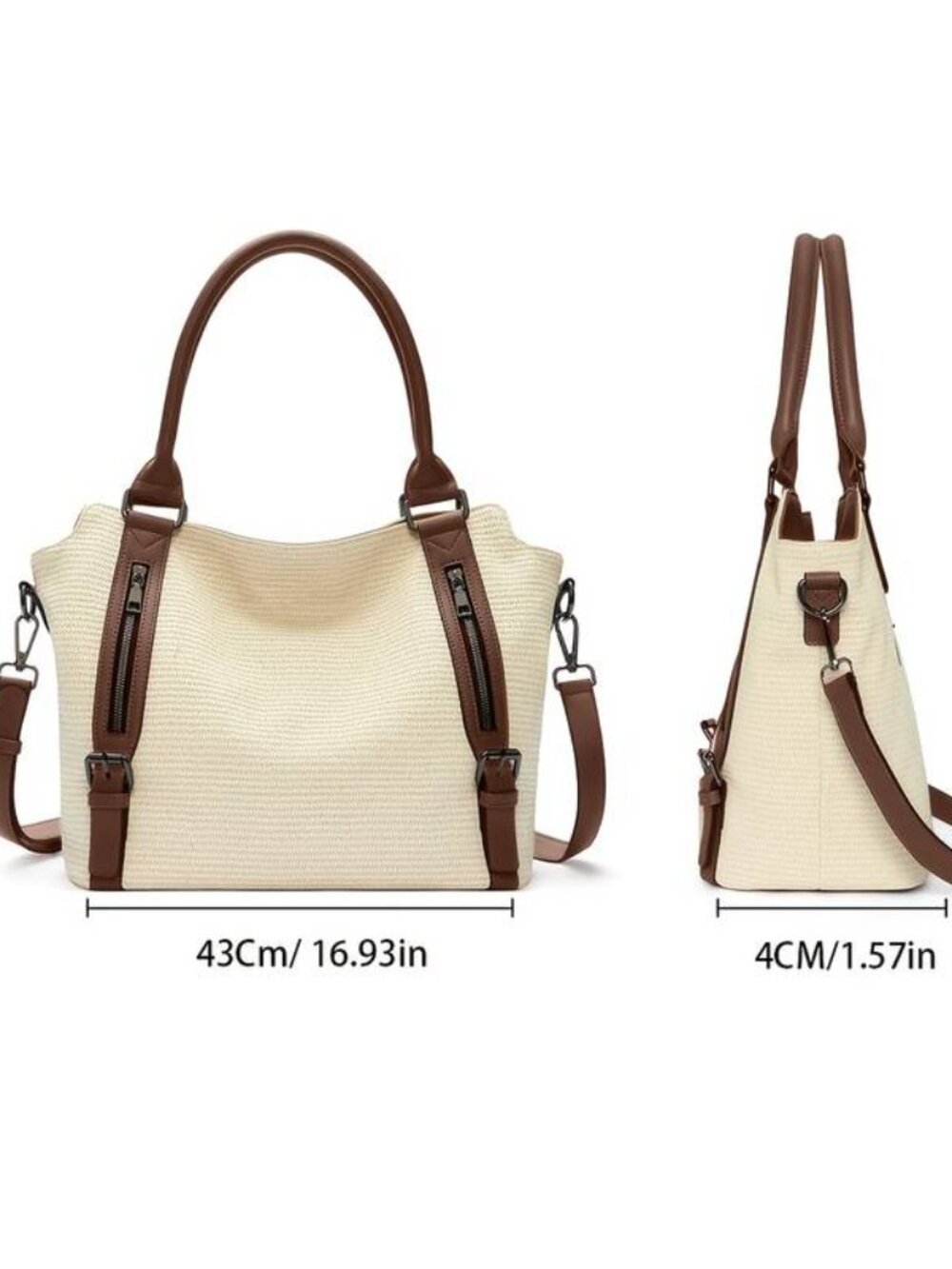 Large Capacity Beige Vegan Leather Double Crossbody Handbag - Picture 3 of 6